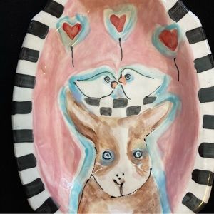 Large Handmade Ceramic Platter with Bunny and Nesting BirdsOriginalDesignOOAK